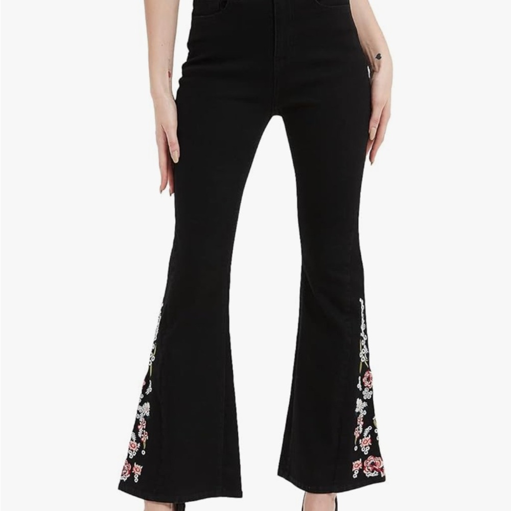 Black, Embroidered bell bottom jeans